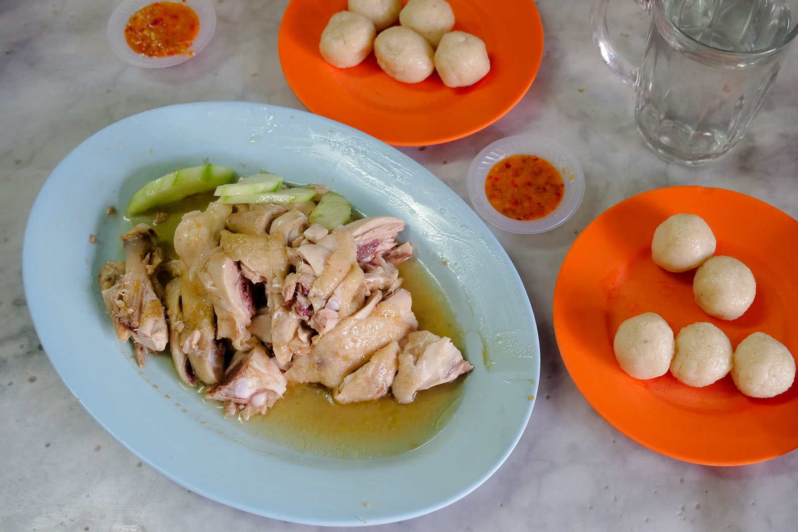Wonderful chicken rice balls with an amazing garlic and chili dipping sauce
